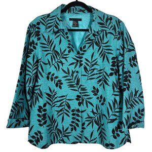 Silk Land 3/4 Sleeve Button Up Shirt Teal Black Sz XL Leaf Print Tropical Boho